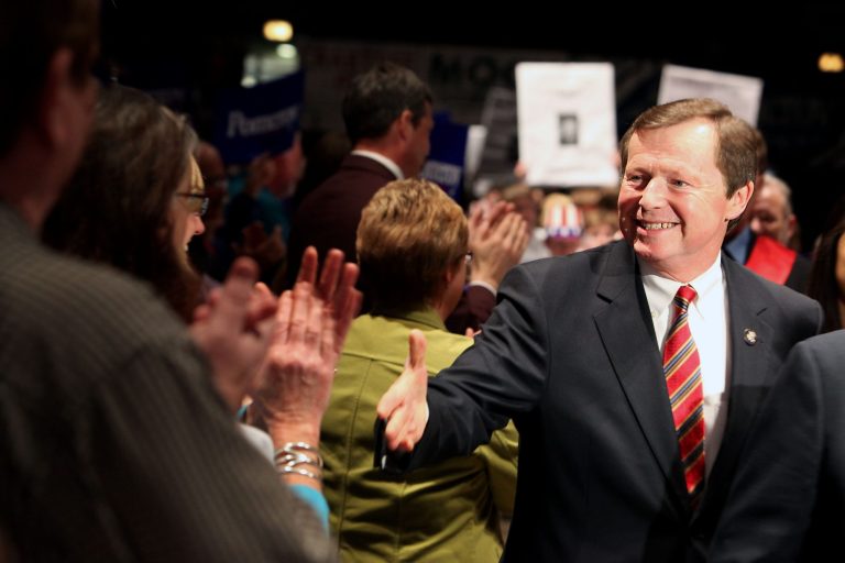 Former U.S. Rep. Earl Pomeroy greets supporters Saturday, March 27, 2010 during the North Dakota Democratic-NPL Party convention at the Fargo Civic Center in Fargo, N.D. (AP Photo/Jay Pickthorn)
