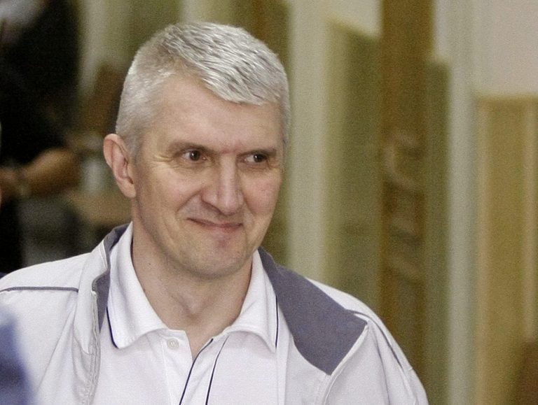 FILE - In this Friday, June 3, 2011 file photo, former Yukos CEO Mikhail Khodorkovsky's co-defendant Platon Lebedev walks to a court room  in Moscow, Russia. Platon Lebedev walked free late Friday according to the Russian federal penal service. Russia's highest court ruled Thursday to free him three months early, after spending more than 10 years in prison. (AP Photo/Misha Japaridze)