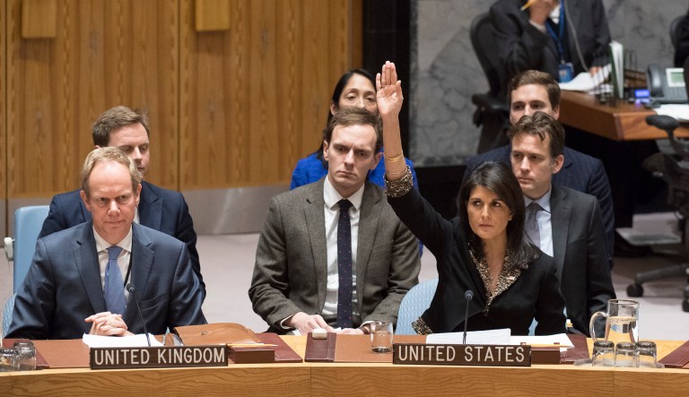 U.S. Ambassador to the United Nations Nikki Haley exercised the U.S.'s veto power for the first time in over six years against when she vetoed a U.N Security Council resolution on Monday that would have blocked recognizing Jerusalem as Israel's capital. (Eskinder Debebe/United Nations via AP)