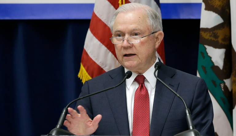 Attorney General Jeff Sessions told law enforcement officers at the conference Wednesday that the Justice Department sued California because state laws are preventing federal immigration agents from doing their jobs. (AP Photo/Rich Pedroncelli)