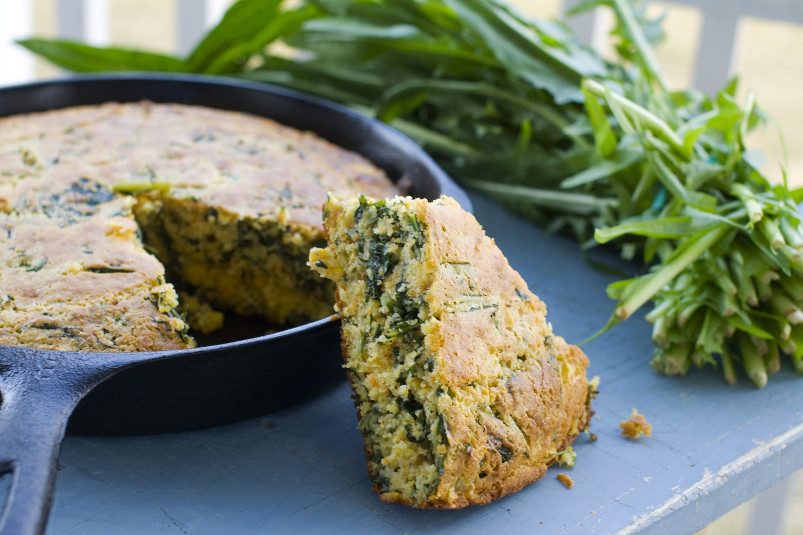 Dandelion greens freshen the flavor of cornbread