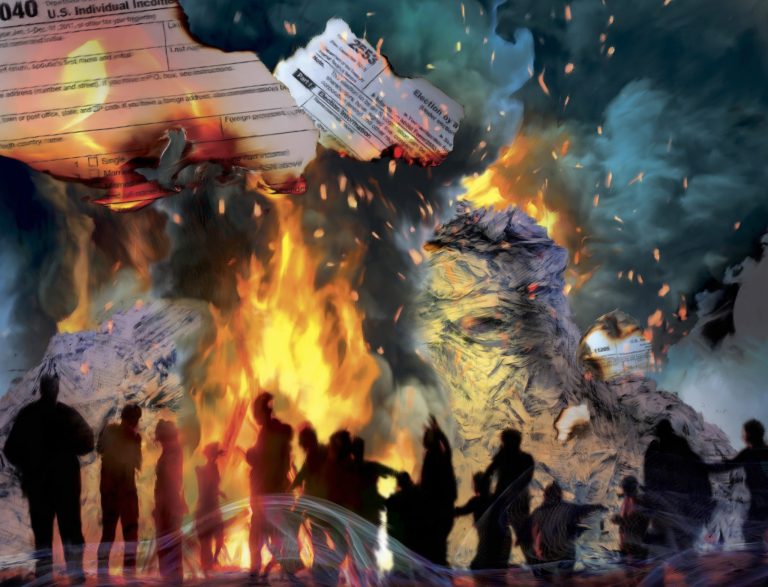 Trump wants to lower the top individual tax rate to 35 percent and eliminate the estate tax, making it clear that his plan is not incremental but radical. (Illustration by Bill Lesniewski)