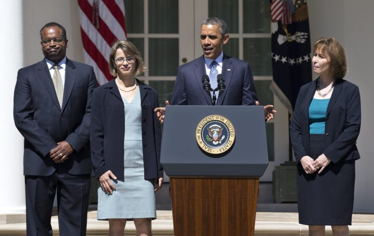 President Obama, second from right, announces the nominations of, from left, Robert Wilkins, Cornelia Pillard and Patricia Ann Millet to the U.S. Court of Appeals for the District of Columbia Circuit in the Rose Garden of the White House on Tuesday. (AP Photo/Manuel Balce Ceneta)