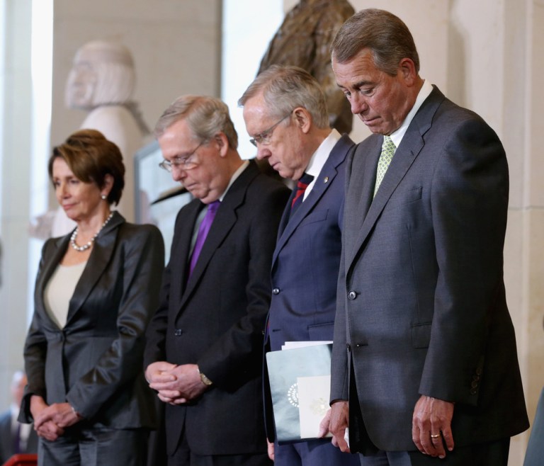House Minority Leader Nancy Pelosi, Senate Minority Leader Mitch McConnell, Senate Majority Leader Harry Reid, and Speaker of the House John Boehner are seen in this Nov. 20, 2013 photo.