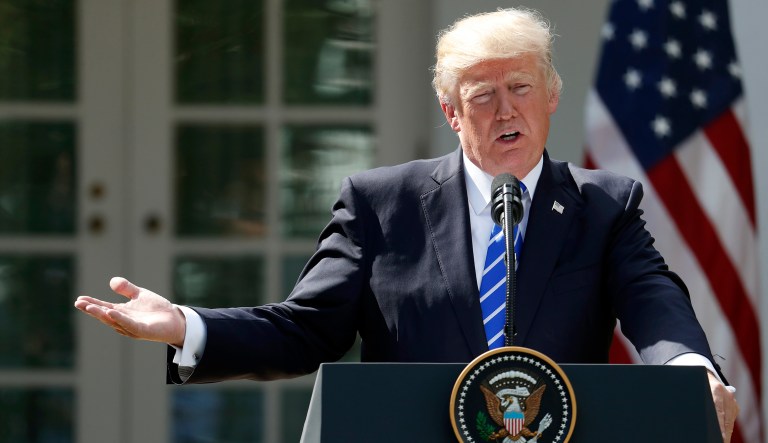 President Donald Trump speaks during a news conference with Spanish Prime Minister Mariano Rajoy in the Rose Garden of the White House, Tuesday, Sept. 26, 2017, in Washington. (AP Photo/Alex Brandon)