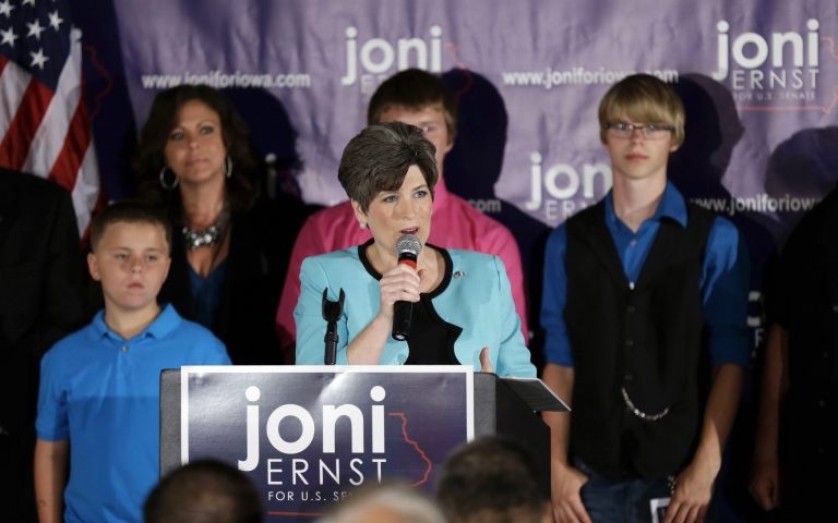State Sen. Joni Ernst speaks to supporters at a primary election night rally after winning the Republican nomination for the U.S. Senate June 3 in Des Moines, Iowa. (AP/Charlie Neibergall)