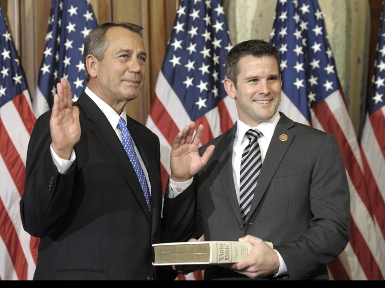 Rep. Adam Kinzinger, R-Ill., poses with House Speaker John Boehner, R-Ohio, as the 113th Congress begins in January. (AP/Cliff Owen)