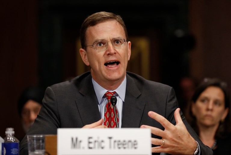 Eric Treene, Special Counsel For Religious Discrimination, Civil Rights Division of the Justice Department, testifies on Capitol Hill in Washington, Tuesday, May 2, 2017, before the Senate Judiciary Committee hearing on responses to the increase in religious hate crimes. (AP Photo/Carolyn Kaster)