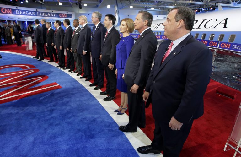 Republican presidential candidates take the stage during the CNN Republican presidential debate at the Ronald Reagan Presidential Library and Museum on Wednesday, in Simi Valley, Calif. (AP Photo/Chris Carlson)