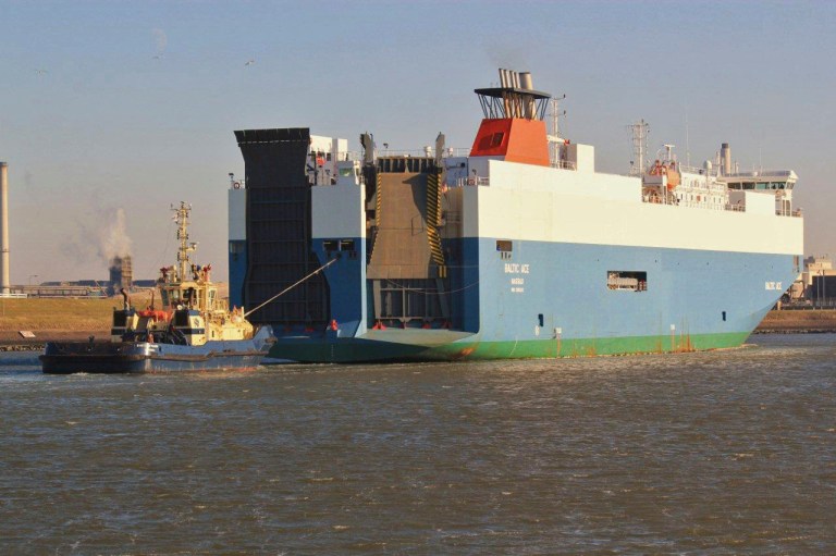   In this photograph released by Scheepvaartnieuws.blogspot.nl the Baltic Ace cargo ship is seen in IJmuiden, Netherlands, 2012. Four crew members died and seven were missing in the icy waters of the North Sea, after a cargo ship collided with another vessel and sank off the Dutch coast Wednesday night, rescuers said. The 148-meter (485-foot) Baltic Ace collided with the 134-meter (440-foot) container ship Corvus J in darkness near busy shipping lanes some 65 kilometers (40 miles) off the coast of the southern Netherlands. The Baltic Ace, carrying a cargo of cars, had a crew of 24 which was forced to abandon ship as it sank quickly. (AP Photo/Hans Blomvliet for Scheepvaartnieuws.blogspot.nl,) NO SALES, MANDATORY CREDIT  