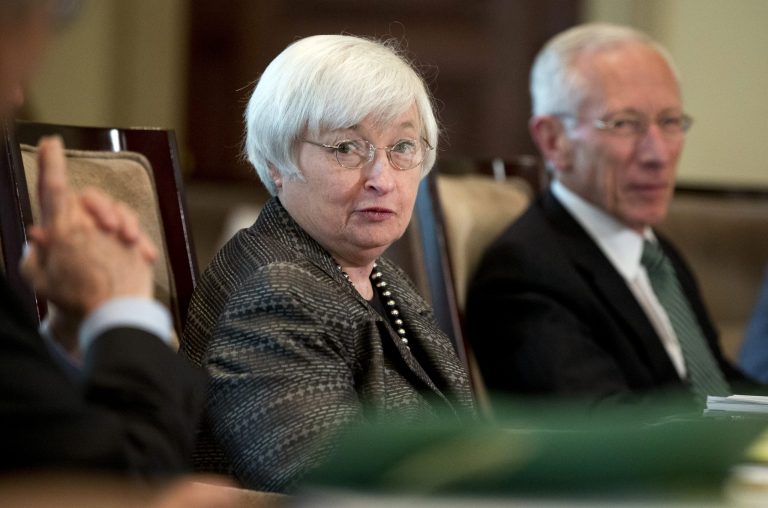 Federal Reserve Chair Janet Yellen, from left, with Vice Chairman Stanley Fischer, and the board of governors of the Federal Reserve System, presides over a meeting in Washington. (AP Photo/Manuel Balce Ceneta, File)