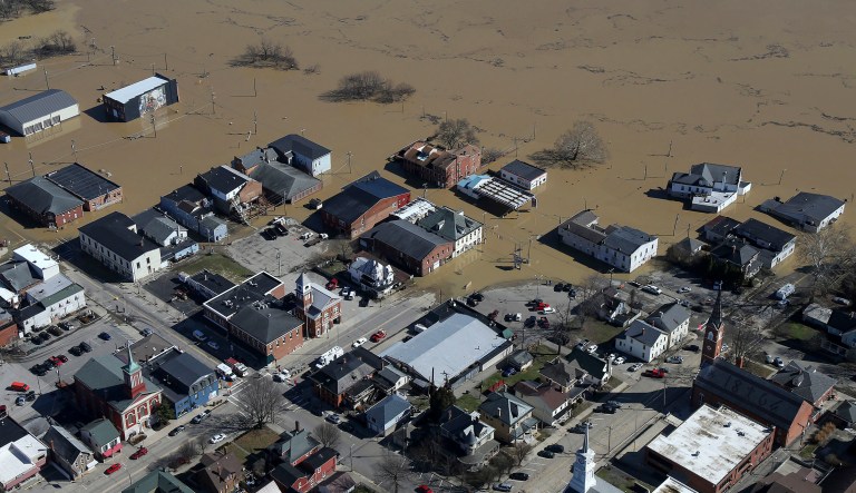 This aerial photograph from Feb. 26 shows flood damage from the swollen Ohio River in Aurora, Ind. The National Flood Insurance Program, which has long been the only option for homeowners to purchase flood coverage, expired last fall and has needed more than $40 billion in taxpayer funds just to remain afloat. (Kareem Elgazzar/The Cincinnati Enquirer via AP)