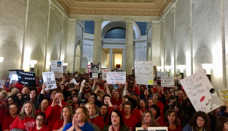 The state Capitol in Charleston was filled with thousands of teachers and support staff, where they chanted, 