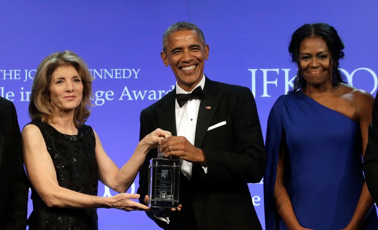 Former President Barack Obama was awarded the Profiles in Courage Award on Sunday. (AP Photo/Steven Senne)
