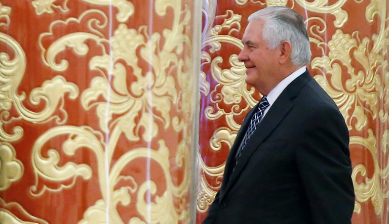 U.S. Secretary of State Tillerson arrives at a state dinner at the Great Hall of the People in Beijing, China, Thursday, Nov. 9, 2017. (Thomas Peter/Pool Photo via AP)