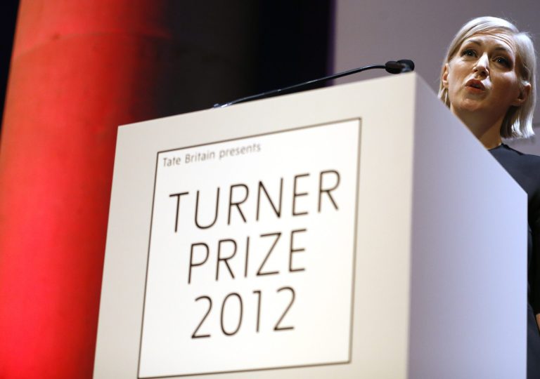   Elizabeth Price, the winner of the Turner Prize 2012 delivers a speech at the Tate Britain art gallery in London, Monday, Dec. 3, 2012. (AP Photo/Kirsty Wigglesworth)  