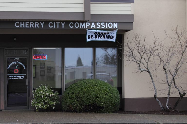 This photo taken Friday, March 28, 2014 shows Cherry City Compassion, a medical marijuana store in Salem, Ore. Until now, medical pot shops have operated in a gray area. That's changed under a law passed last year that legalizes medical marijuana dispensaries so long as they apply for and are granted a license. (AP Photo/Chad Garland)