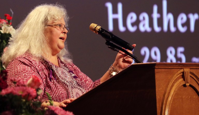 Susan Bro, mother to Heather Heyer, speaks during a memorial for her daughter in Charlottesville, Va. Heyer was killed Saturday, when a car rammed into a crowd of people protesting a white nationalist rally. (Andrew Shurtleff/The Daily Progress via AP, Pool)