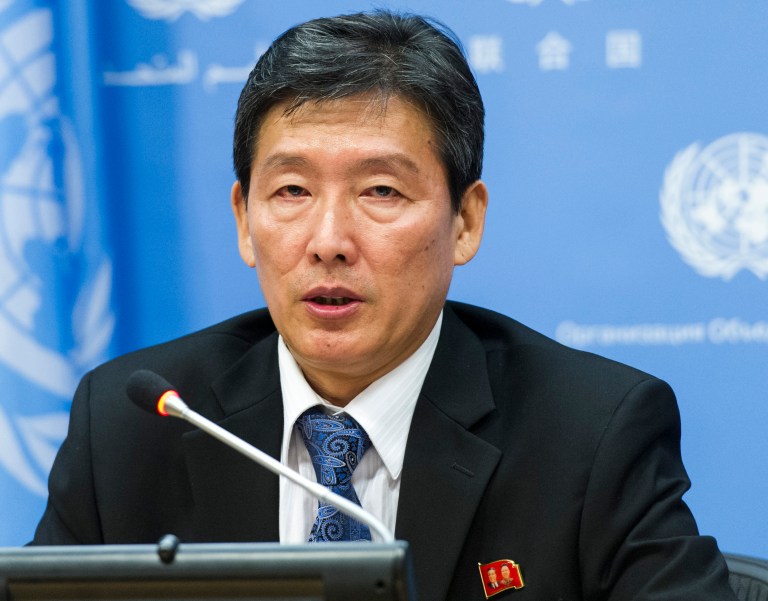 In this photo provided by the United Nations, Ri Tong Il, Deputy Permanent Representative of the Democratic People's Republic of Korea to the United Nations, briefs the media on the latest developments in the Korean Peninsula, Friday, April 4, 2014 at United Nations Headquarters. Ri blamed the U.S. for aggravating tensions on the Korean Peninsula by continuing 