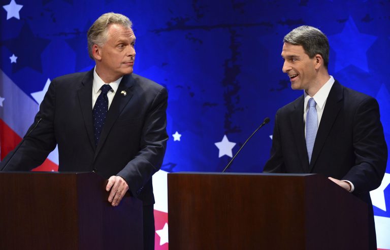 Virginia gubernatorial candidates Democrat Terry McAuliffe, left, and Republican Attorney General Ken Cuccinelli debate Wednesday in McLean, Va. (AP/The Washington Post, Linda Davidson, Pool)