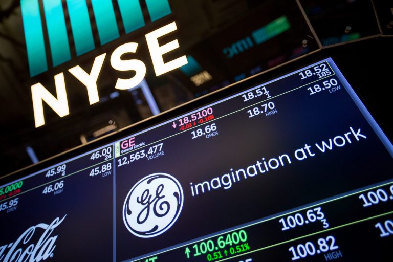 A monitor displays General Electric Co. signage on the floor of the New York Stock Exchange earlier this year. While U.S. stocks have climbed overall, the historic manufacturer's shares have tumbled as CEO John Flannery attempts to turn around a company grappling with challenging markets and an influential activist investor. 