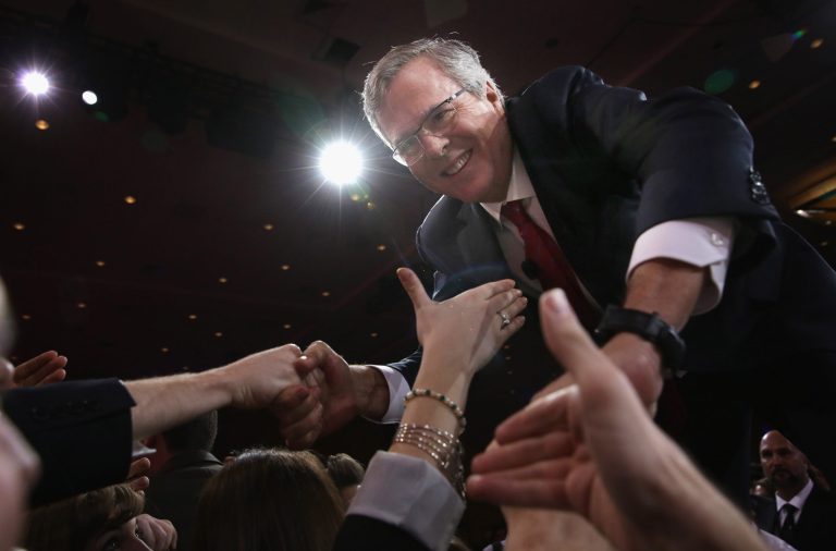 Former Florida governor Jeb Bush shakes hands with attendees after speaking at the 42nd annual Conservative Political Action Conference (CPAC) February 27, 2015 in National Harbor, Md. (Getty Image)