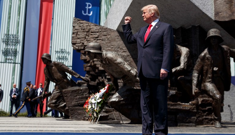 President Trump arrives to deliver a speech at Krasinski Square at the Royal Castle, Thursday, July 6, 2017, in Warsaw, Poland. (AP Photo/Evan Vucci)