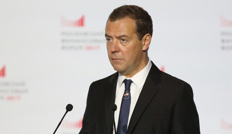 Dmitry Medvedev, Russia's prime minister, speaks during the panel session in Moscow, Russia.