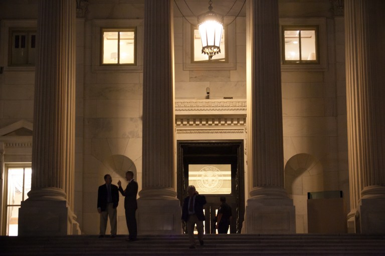 House Republicans leave the House side of the Capitol Building after dark, after voting on the rule of the continuing resolution. Monday, September 30th, 2013