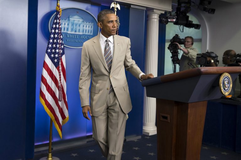 President Obama leaves after speaking about the economy, Iraq, and Ukraine, in the James Brady Press Briefing Room of the White House in Washington in this Thursday, Aug. 28, 2014 file photo. (AP Photo/Evan Vucci, file)