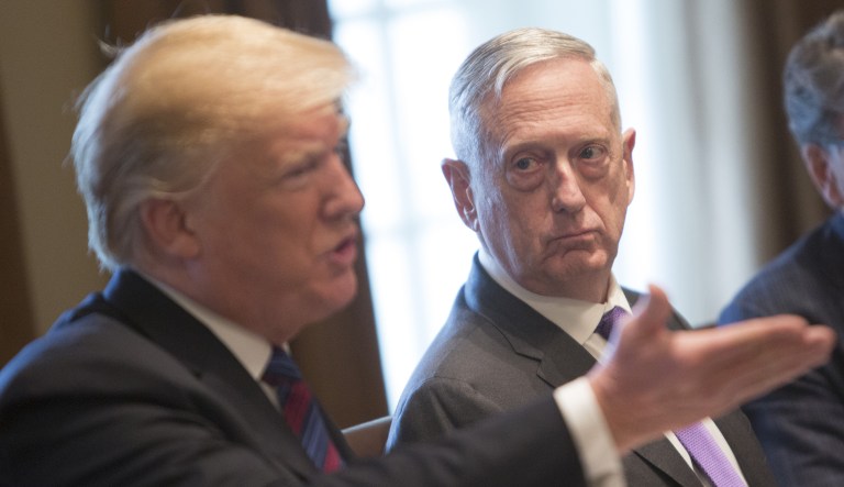 Jim Mattis, U.S. secretary of defense, listens as President Trump speaks during a meeting with Baltic leaders in the Cabinet Room of the White House in Washington, D.C., on Tuesday, April 3, 2018.