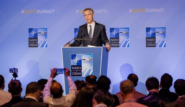 Jens Stoltenberg, secretary general of the North Atlantic Treaty Organization, speaks during a news conference at the NATO summit in Brussels, Belgium, on Thursday, July 12, 2018.