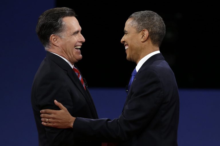Republican presidential nominee Mitt Romney and President Barack Obama shake hands after the third presidential debate at Lynn University, Monday, Oct. 22, 2012, in Boca Raton, Fla. (AP Photo/Charlie Neibergall)