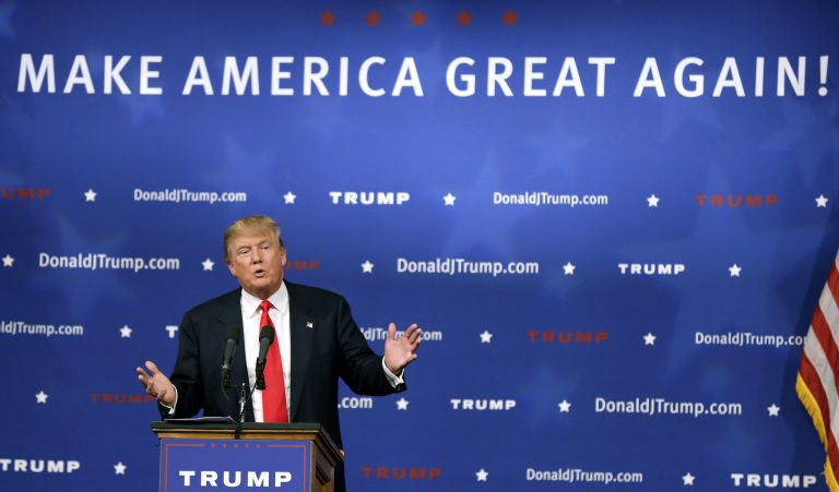 Republican presidential candidate Donald Trump speaks to supporters during a rally, Tuesday, June 16, 2015, in Des Moines, Iowa. (AP Photo/Charlie Neibergall)