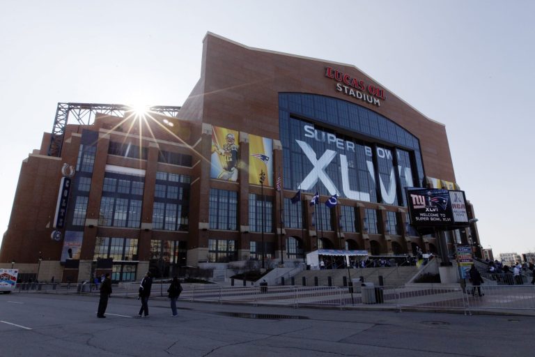   FILE - This Feb. 5, 2012 photo shows the exterior of Lucas Oil Stadium before the NFL Super Bowl XLVI football game in Indianapolis. In a 54-page report focused on Homeland Security Department spending in the last few years in several states, Sen Tom Coburn, R-Okla, says some projects, including a $250,000 security upgrade at Lucas Oil Stadium, were questionable in an age of budget austerity and as the federal government faces a $16 trillion debt. (AP Photo/Pat Semansky, File)  