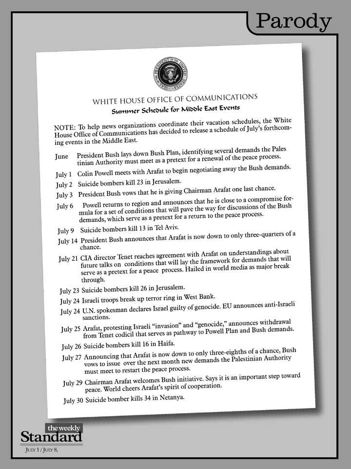 The July schedule for news events concerning the Middle East.