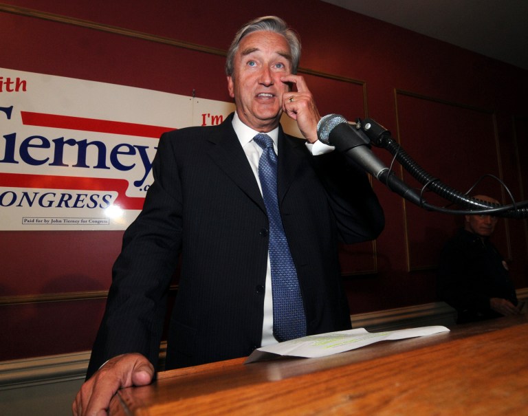 Rep. John Tierney speaks to supporters at the Hawthorne Hotel after he conceded defeat in the 6th Congressional District to Seth Moulton on Tuesday. (AP Photo/The Boston Herald, Patrick Whittemore)