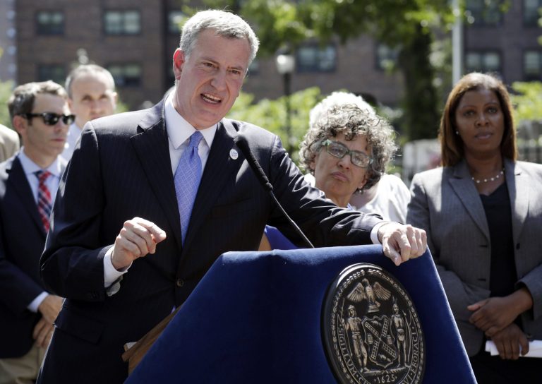 New York City Mayor Bill de Blasio speaks during a press conference, Thursday, Aug. 28, 2014 in Brooklyn. De Blasio discussed preparations for the opening of the city's universal pre-kindergarten program one day after Comptroller Scott Stringer said the city is far behind schedule in submitting contracts for providers. (AP Photo/Vanessa A. Alvarez)