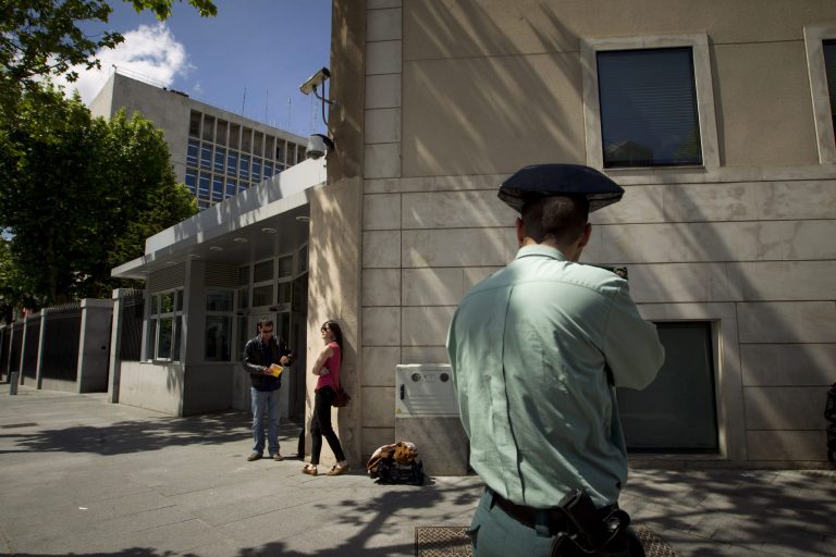 Spanish civil guard looks at a TV crew as he guards the U.S. embassy in Madrid, Monday, May 2, 2011.Â The Motion Picture Association of America, which represents top Hollywood studios, funded screening rooms in four U.S. embassies, including the facility in Madrid, according to ProPublica.Â (AP Photo/Daniel Ochoa de Olza)