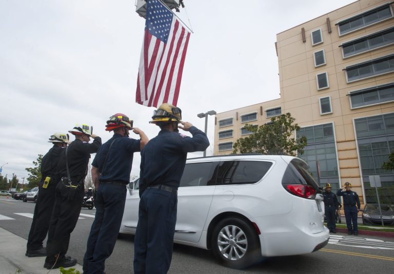 The officers were responding at the time to a report of a traffic collision in the area. (Sam Gangwer/The Orange County Register via AP)