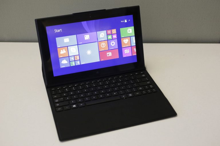 This Friday, June 20, 2014 photo shows the Lumia 2520 tablet and keyboard, in New York. The tablet starts at about $600 and the optional keyboard cover is another $150. (AP Photo/Mark Lennihan)