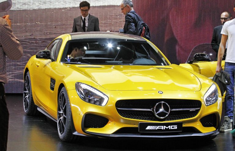The Mercedes AMG GT S is presented at the Paris Motor Show, in Paris, Friday Oct. 3, 2014. The Paris Motor Show will open its doors to the public on Saturday Oct. 4, until Oct. 19.  European carmakers are hoping to impress with new models at this week's Paris Motor Show and prove they have come out stronger from years of economic trouble and cost-cutting. (AP Photo/Remy de la Mauviniere)
