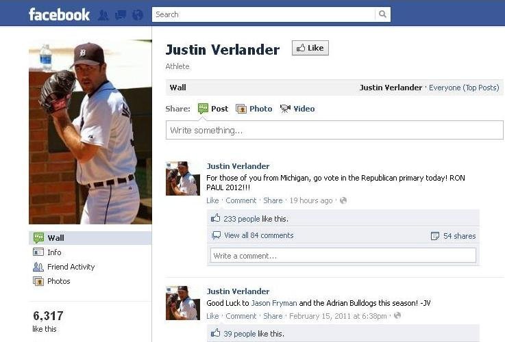Tigers pitcher Justin Verlander endorses Ron Paul?