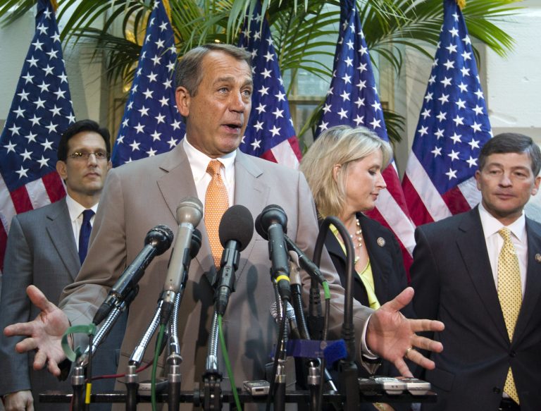 House Speaker John Boehner, R-Ohio, joined by other House GOP leaders, faces reporters at a news conference following a political strategy session, on Capitol Hill in Washington, Wednesday, June 27, 2012.  (AP Photo/J. Scott Applewhite)