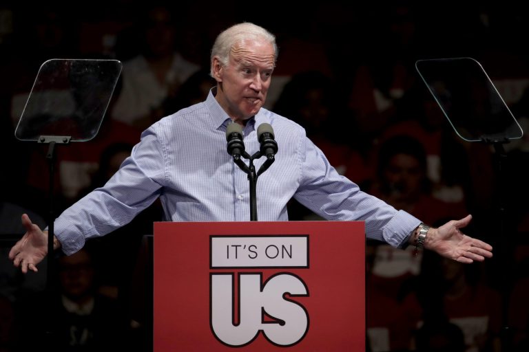 Former Vice President Joe Biden delivers remarks regarding sexual violence on college campuses during a visit to Rutgers University, Thursday, Oct. 12, 2017, in New Brunswick, N.J. (AP Photo/Julio Cortez)