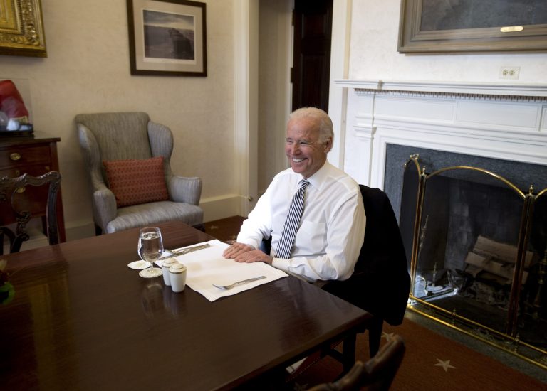 Vice President JoeÃÂ BidenÃÂ smiles during a photo-op as he meets with President Obama for lunch in the Private Dining Room of the White House in Washington on Wednesday. (AP/Carolyn Kaster)