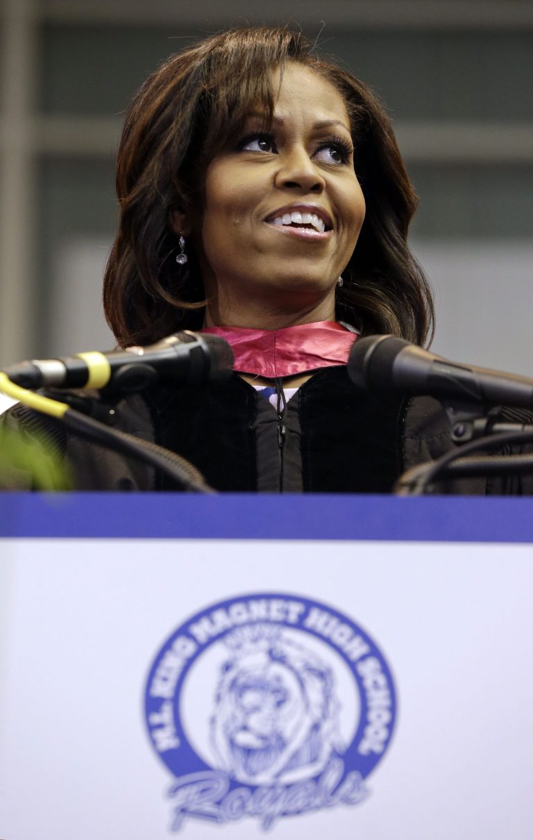 First lady Michelle Obama delivers the commencement address to graduates of Martin Luther King, Jr. Academic Magnet High School on Saturday, May 18, 2013, in Nashville, Tenn. (AP Photo/Mark Humphrey)