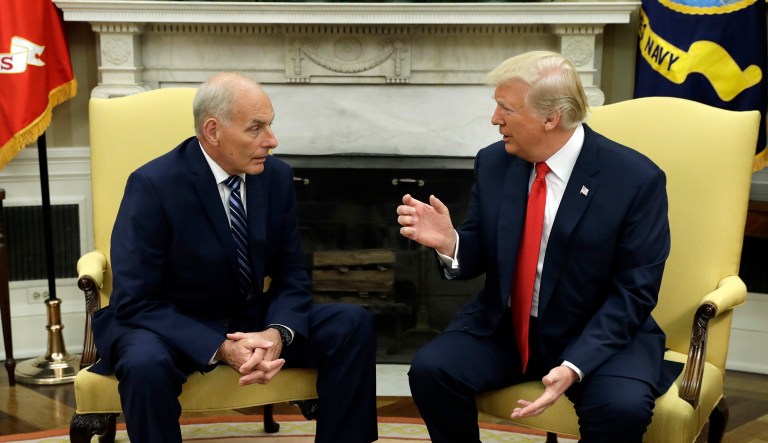 White House chief of staff John Kelly explained in an emotional briefing Thursday that he advised Trump to praise a fallen soldier's bravery when calling the soldier's family (although he advised Trump against calling at all), because it was what his son's friends told him over the phone when his son died in Afghanistan in 2010. (AP Photo/Evan Vucci)