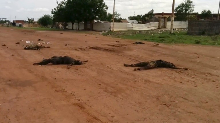 In this image taken from video, dead bodies lie on the road near Bentiu, South Sudan, on Sunday, April 20, 2014. The United Nations' top humanitarian official in South Sudan, Toby Lanzer, told The Associated Press in a phone interview on Tuesday, April 22, 2014, that the ethnically targeted killings are 