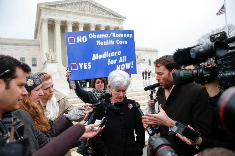 Former Health and Human Services Secretary Kathleen Sebelius speaks with reporters outside the Supreme Court in Washington, Wednesday, March 4, 2015. The Supreme Court heard arguments in King v. Burwell, a major test of President Barack Obama's health overhaul which, if successful, could halt healthcare premium subsidies in all the states where the federal government runs the insurance marketplaces. (AP Photo/Andrew Harnik)
